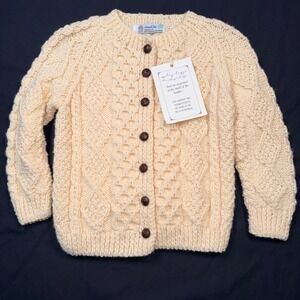 Carrick Fin Kids Aran Wool Cardigan Handknitted Ireland Cream Cable Knit Size 28
